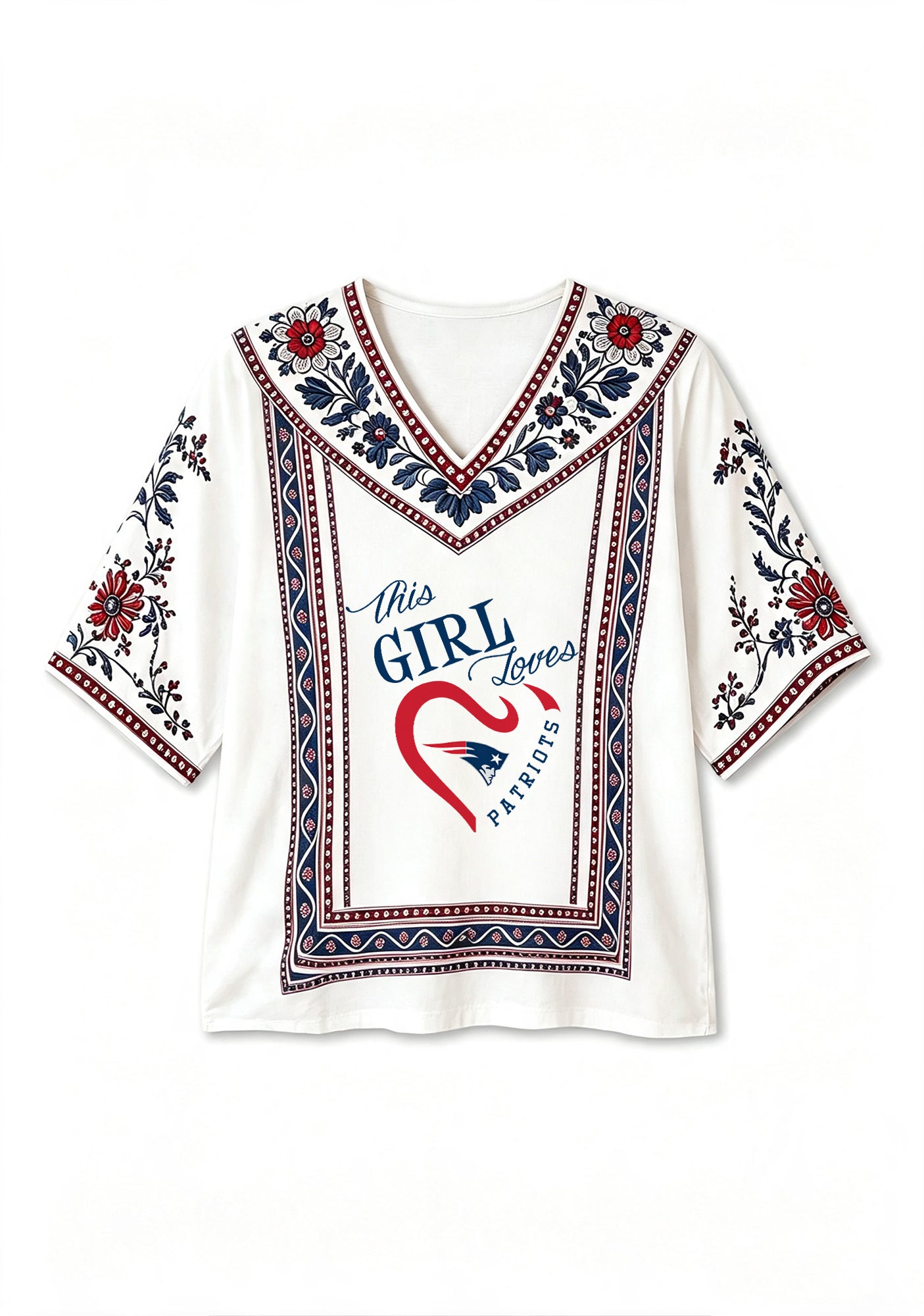 This Girl Loves New England Patriots Boho Floral V-Neck Blouse Secondary image