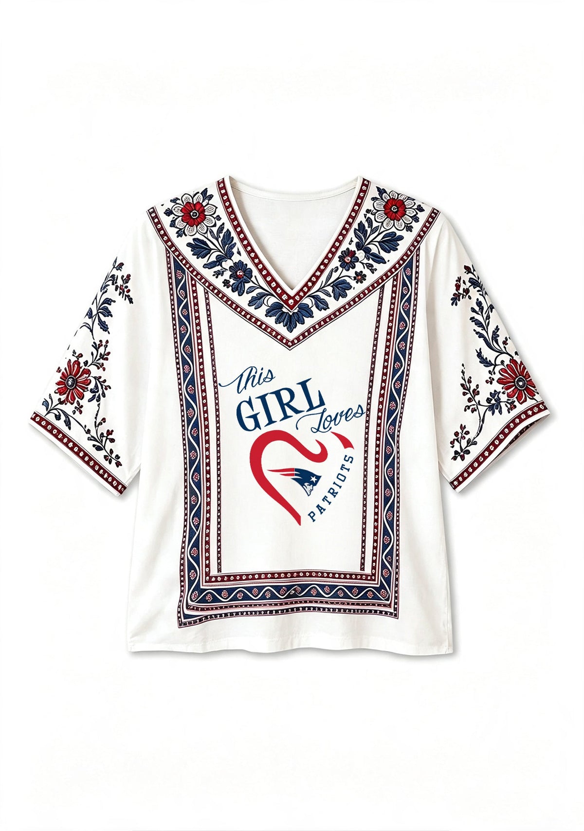 This Girl Loves New England Patriots Boho Floral V-Neck Blouse