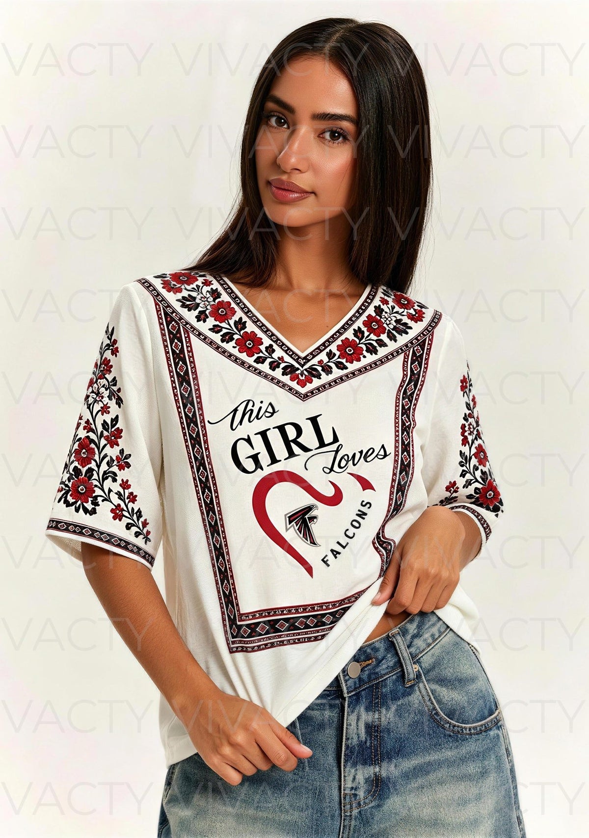 This Girl Loves Atlanta Falcons Boho Floral V-Neck Blouse Main image