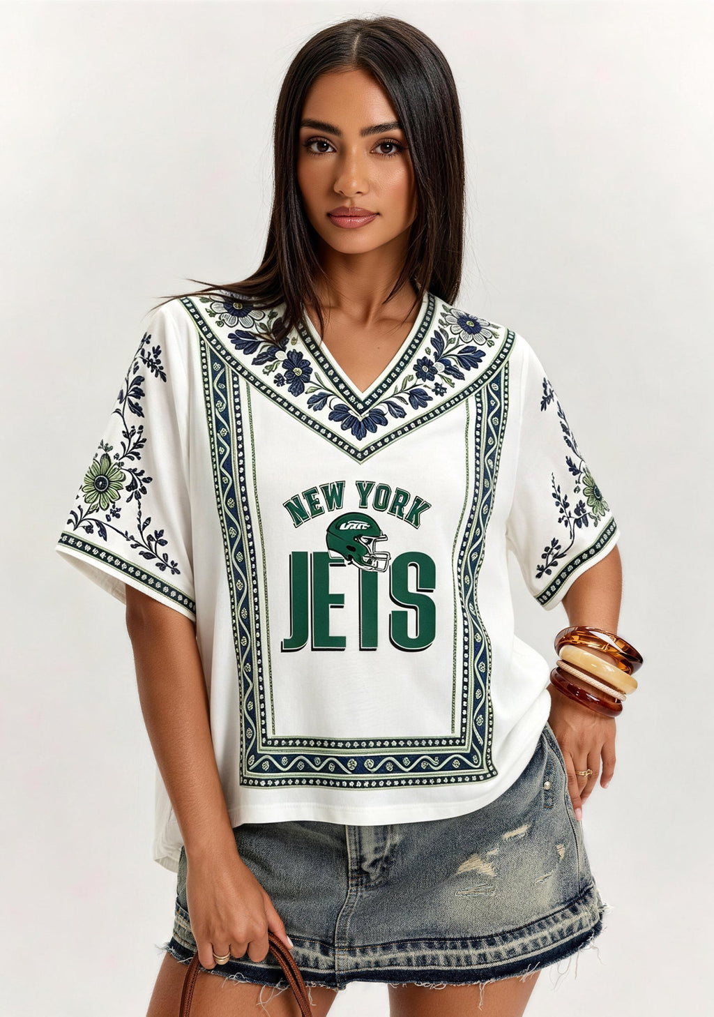 New York Jets Boho Floral V-Neck Blouse