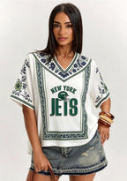 New York Jets Boho Floral V-Neck Blouse