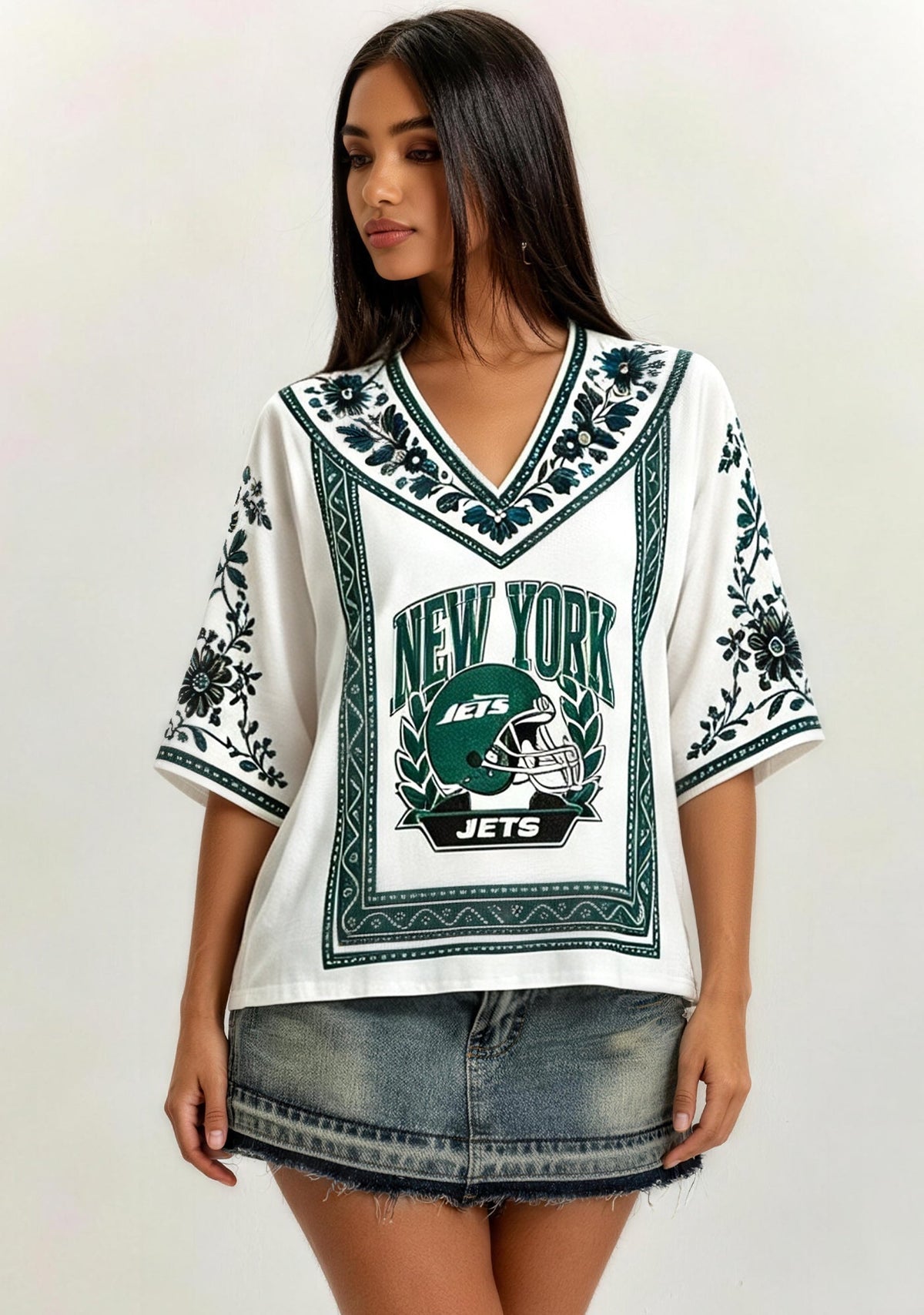 New York Jets Boho Floral Border V-Neck Blouse Main image