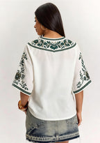 New York Jets Boho Floral Border V-Neck Blouse