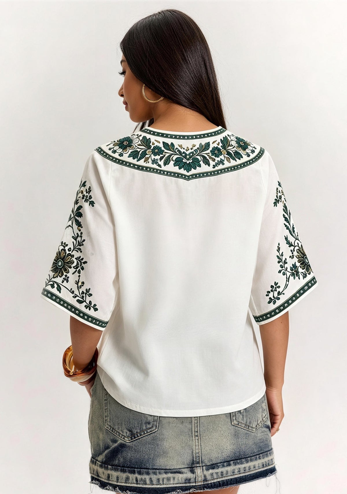 New York Jets Boho Floral Border V-Neck Blouse