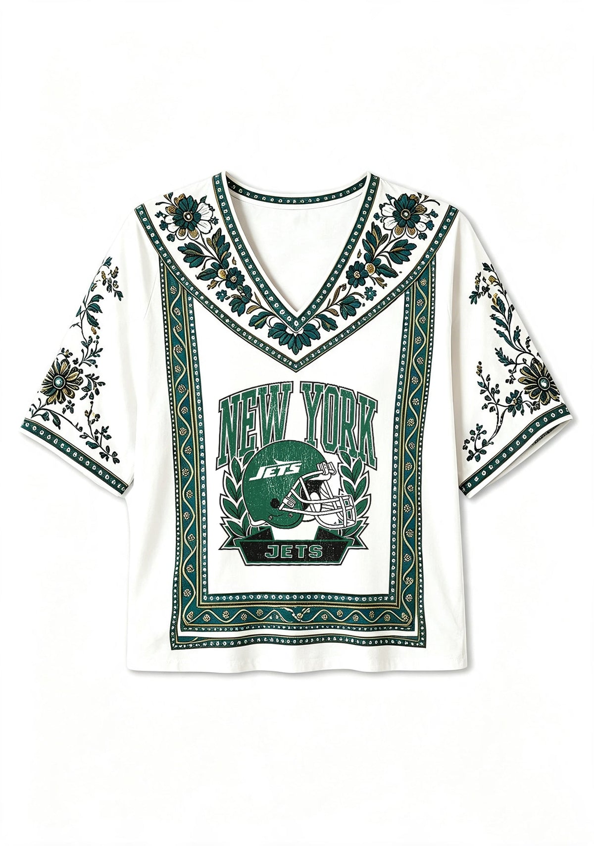 New York Jets Boho Floral Border V-Neck Blouse