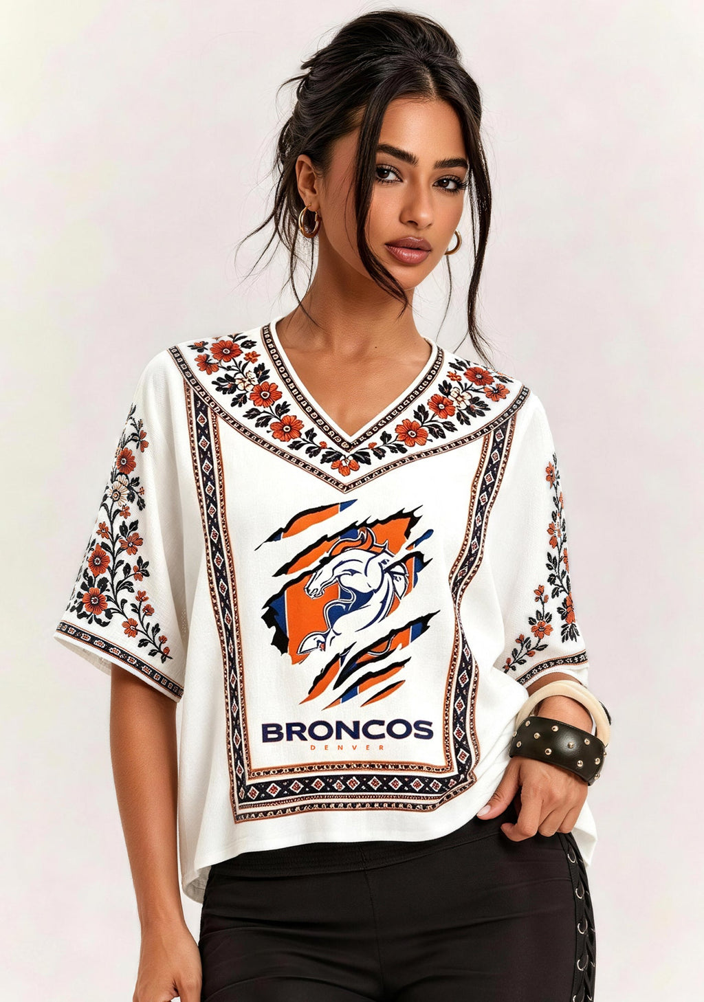 Boho Floral  Denver Broncos Ripped Logo V-Neck Blouse