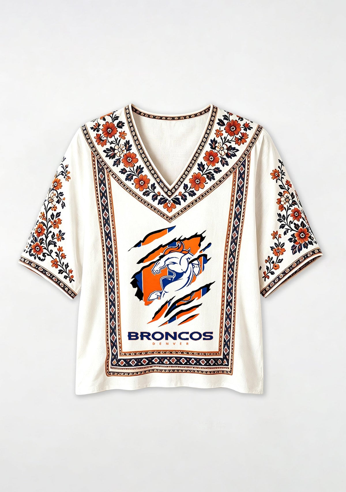 Boho Floral  Denver Broncos Ripped Logo V-Neck Blouse