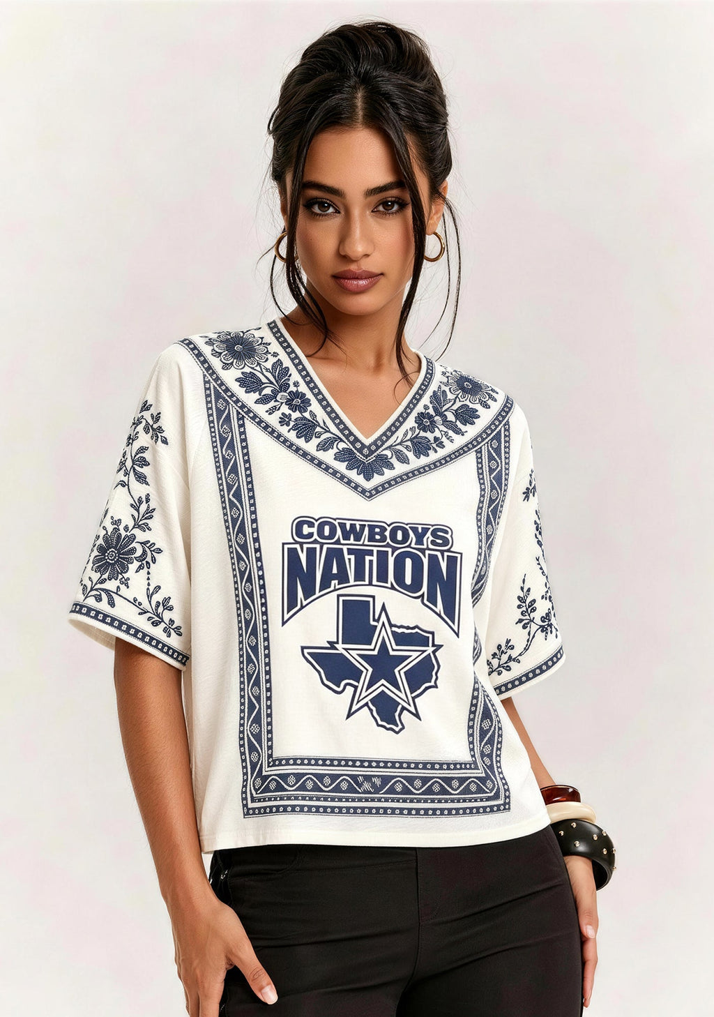 Boho Floral Dallas Cowboys Nation Texas Map V-Neck Blouse