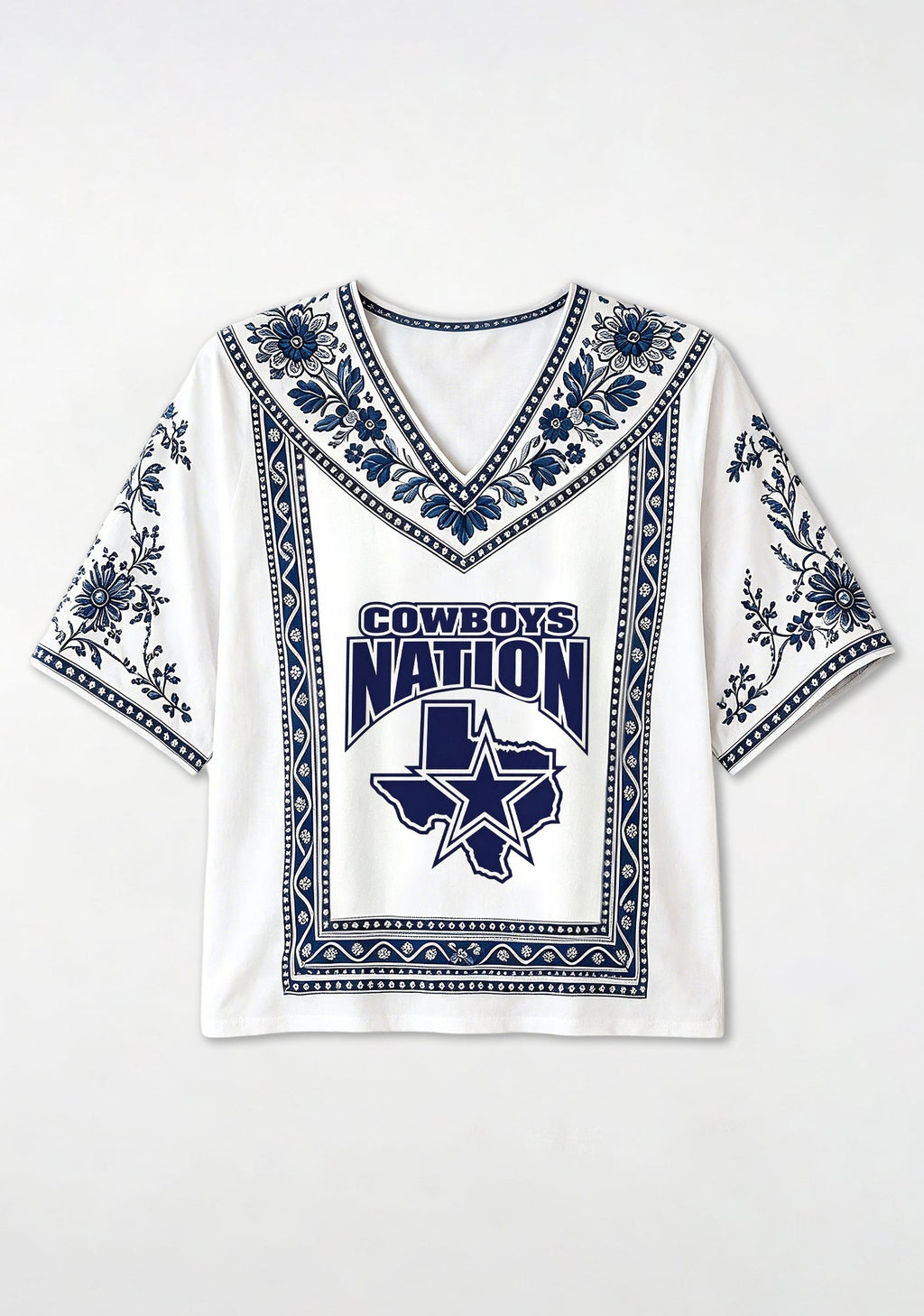 Boho Floral Dallas Cowboys Nation Texas Map V-Neck Blouse