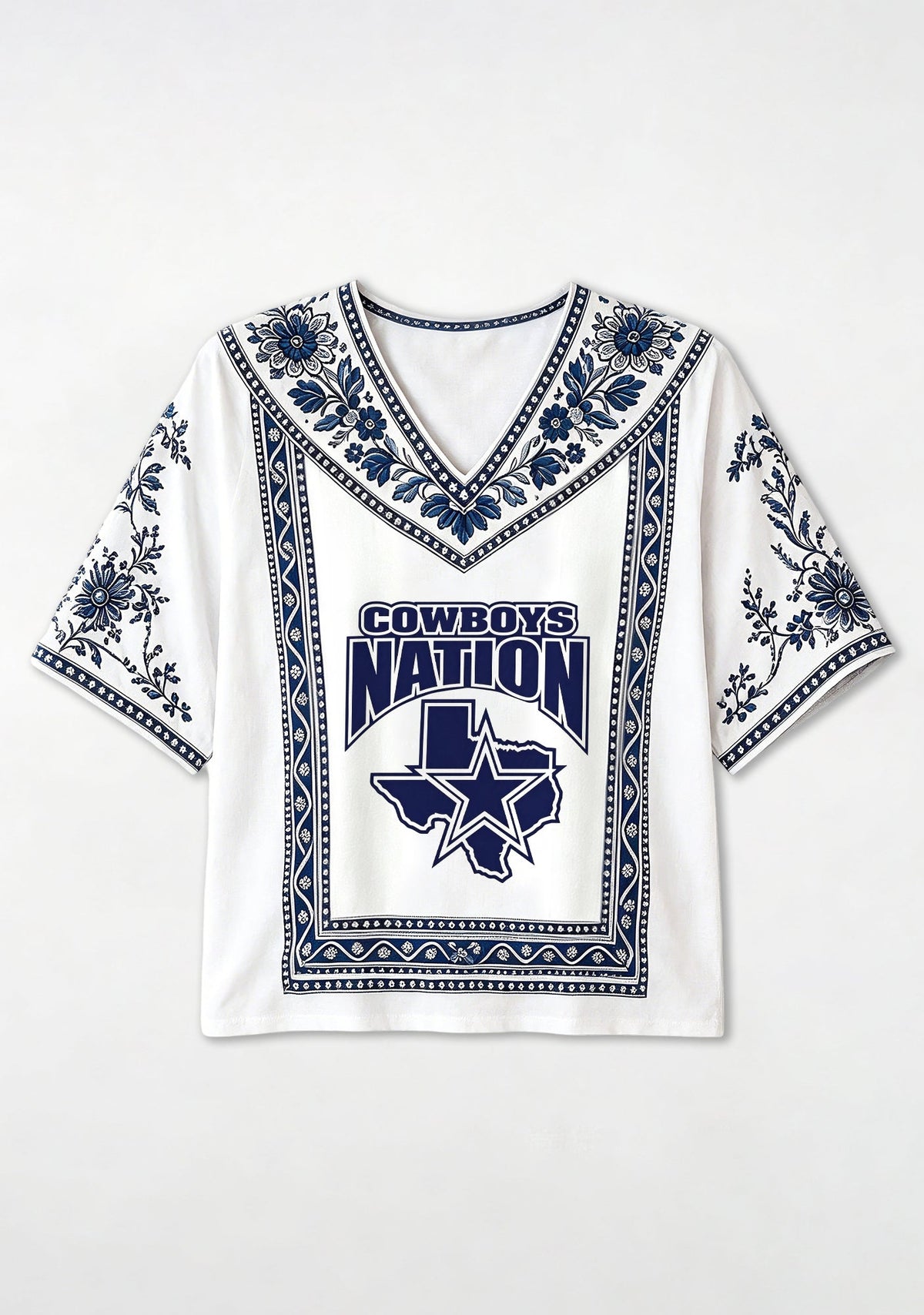 Boho Floral Dallas Cowboys Nation Texas Map V-Neck Blouse