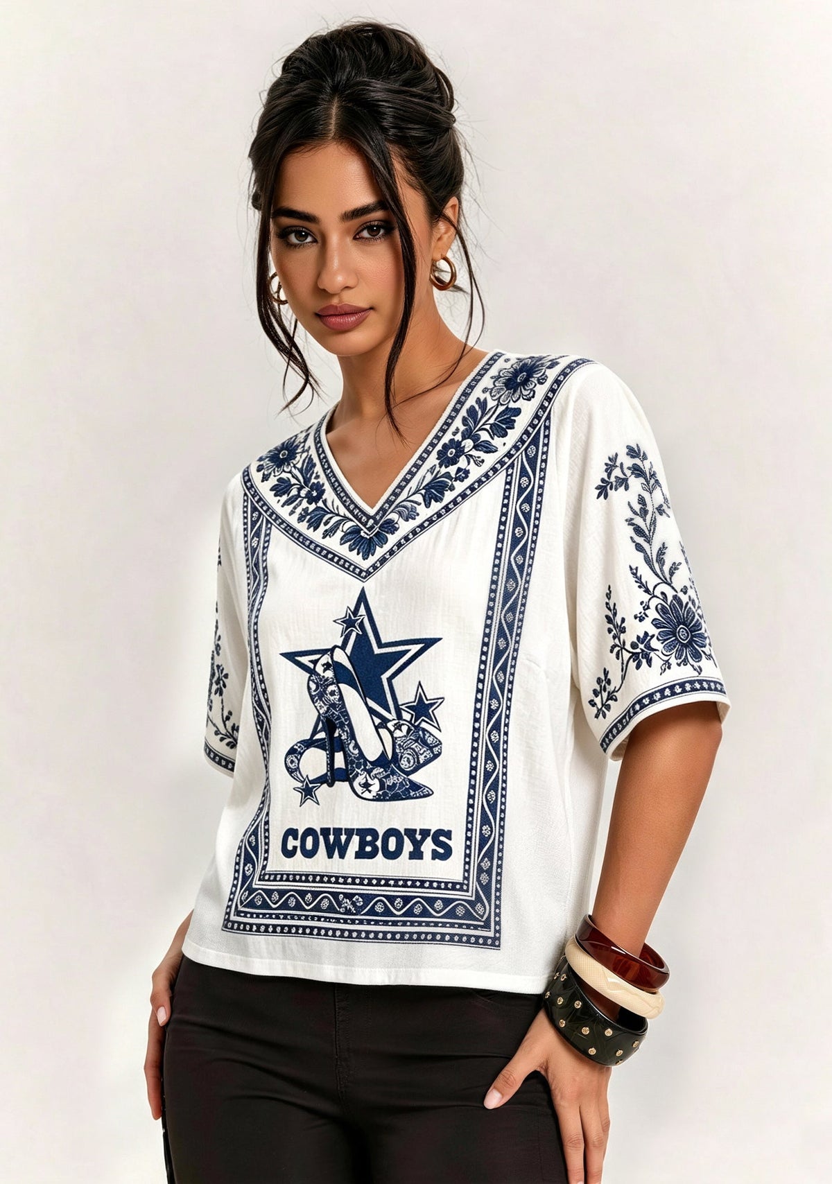 Boho Floral Dallas Cowboys High Heel Star V-Neck Blouse Main image