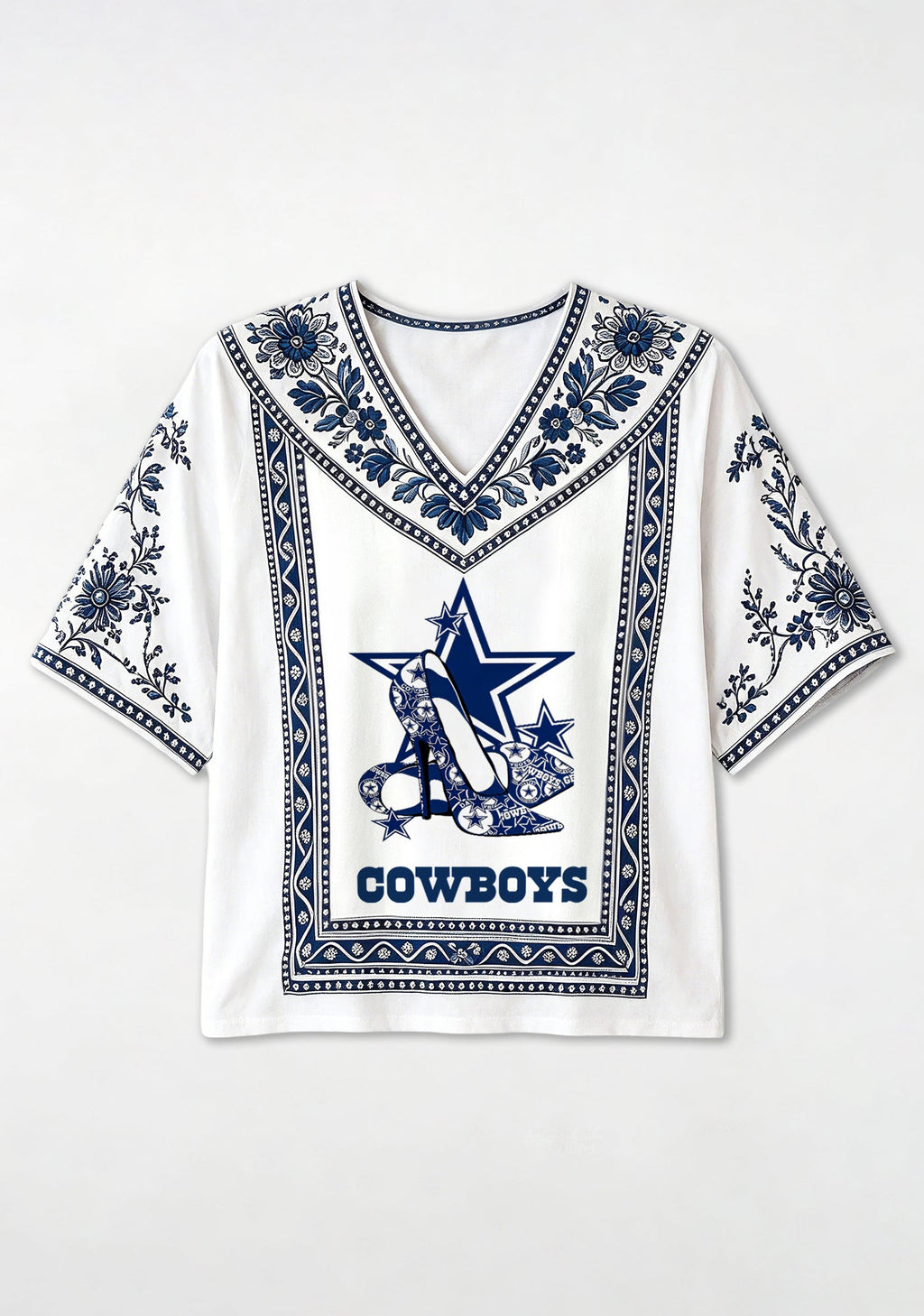 Boho Floral Dallas Cowboys High Heel Star V-Neck Blouse