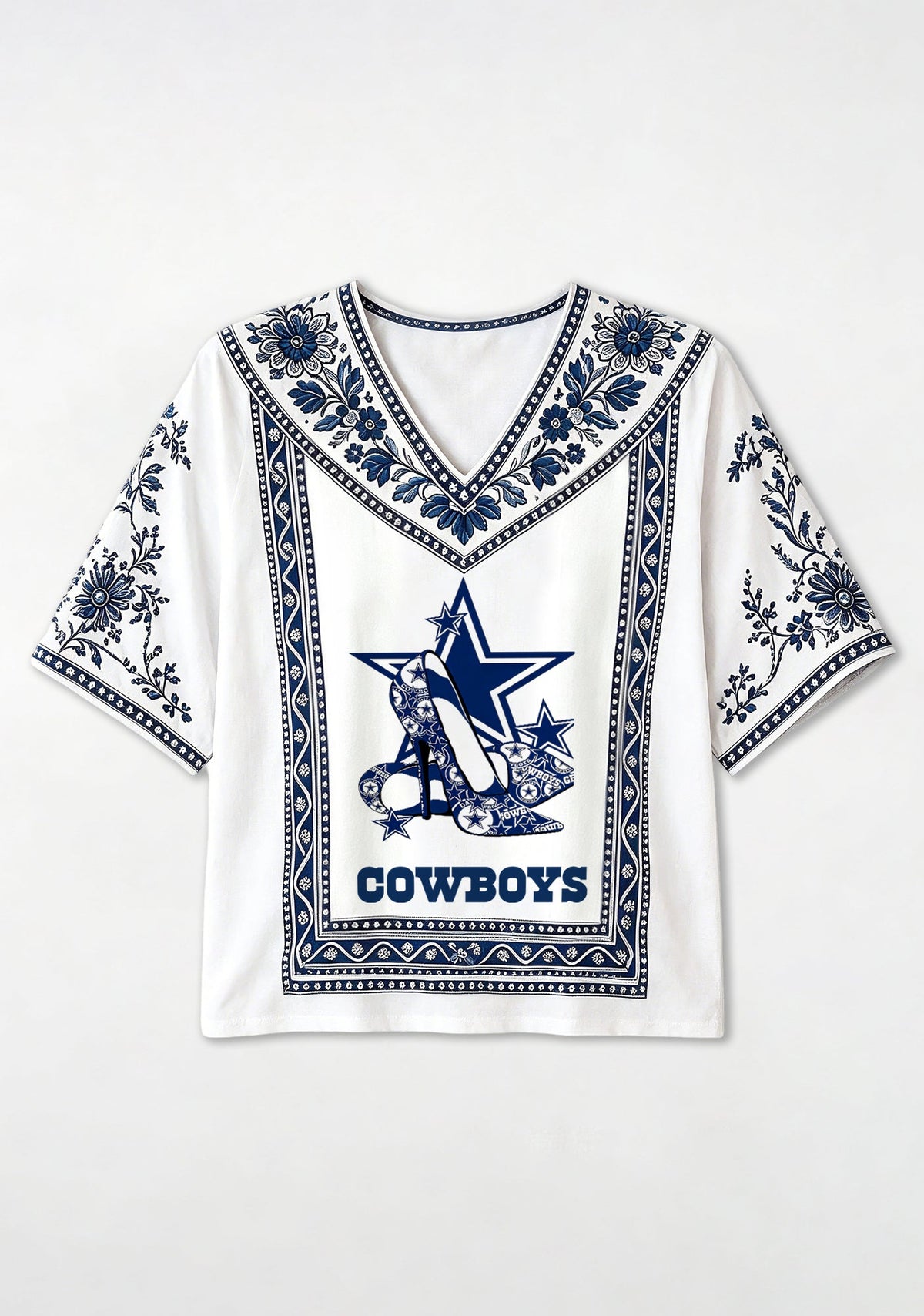 Boho Floral Dallas Cowboys High Heel Star V-Neck Blouse