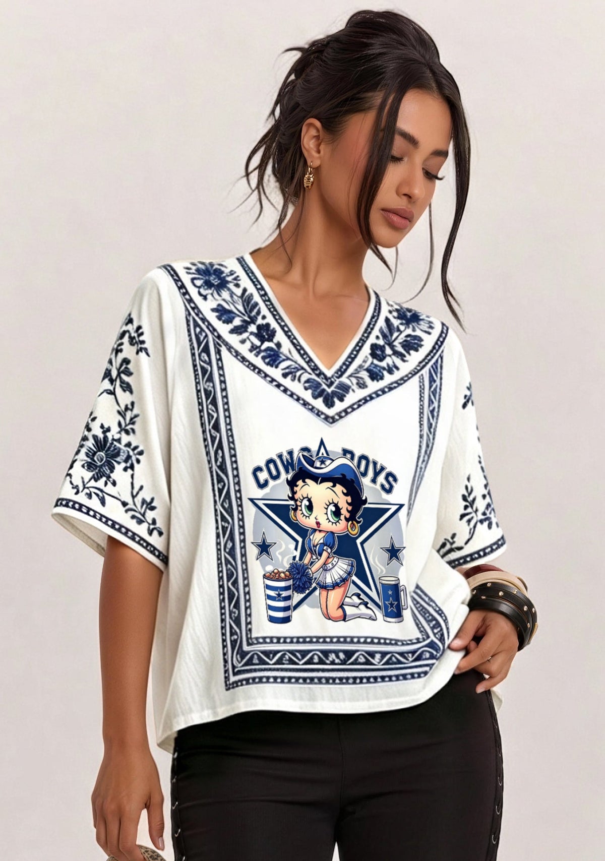 Boho Floral Dallas Cowboys Betty Boop V-Neck Blouse
