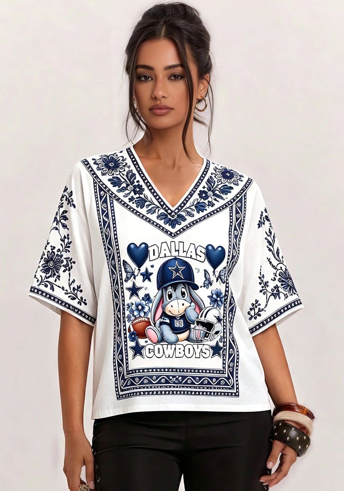 Boho Floral Dallas Cowboys Cute Donkey V-Neck Blouse