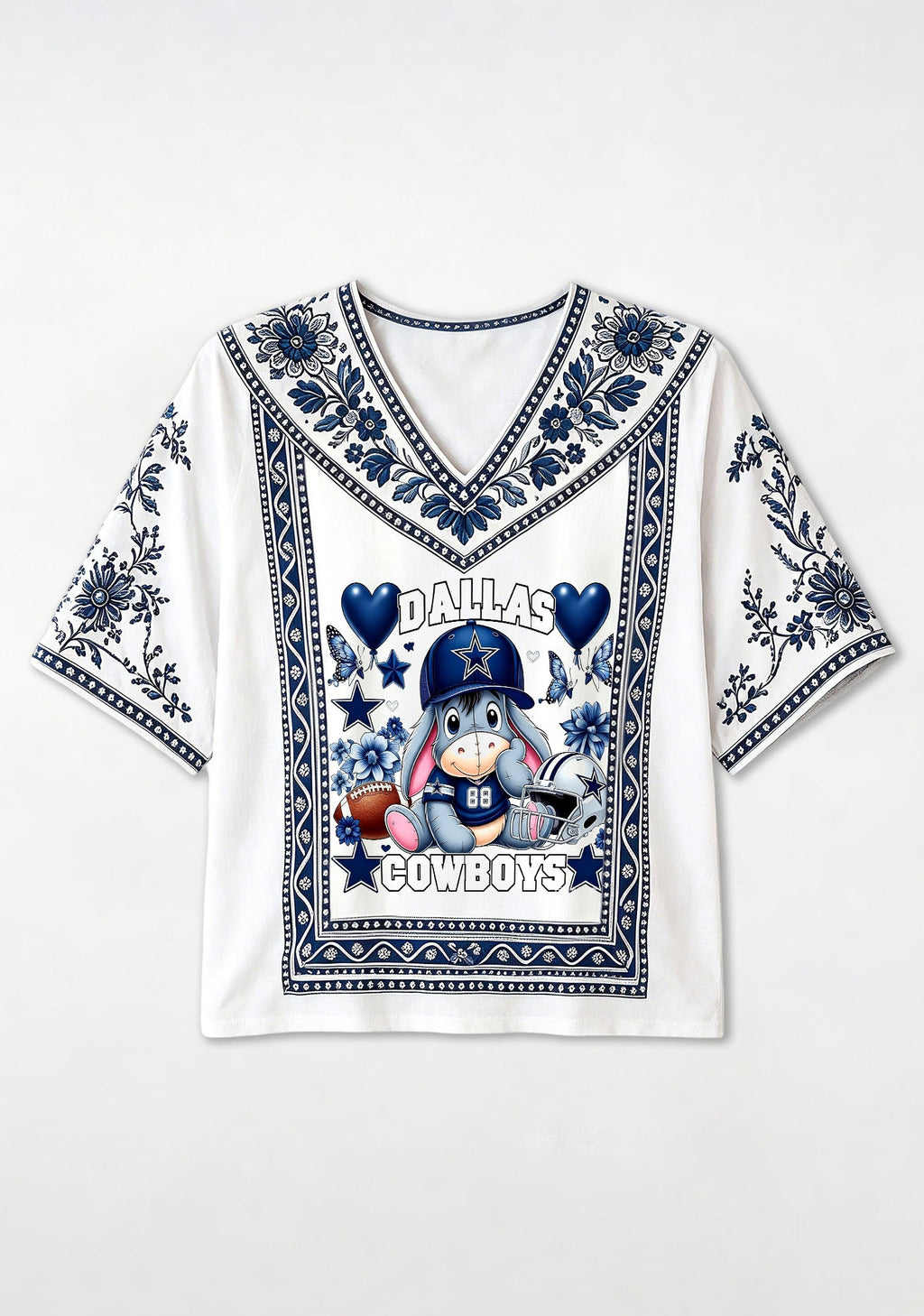 Boho Floral Dallas Cowboys Cute Donkey V-Neck Blouse