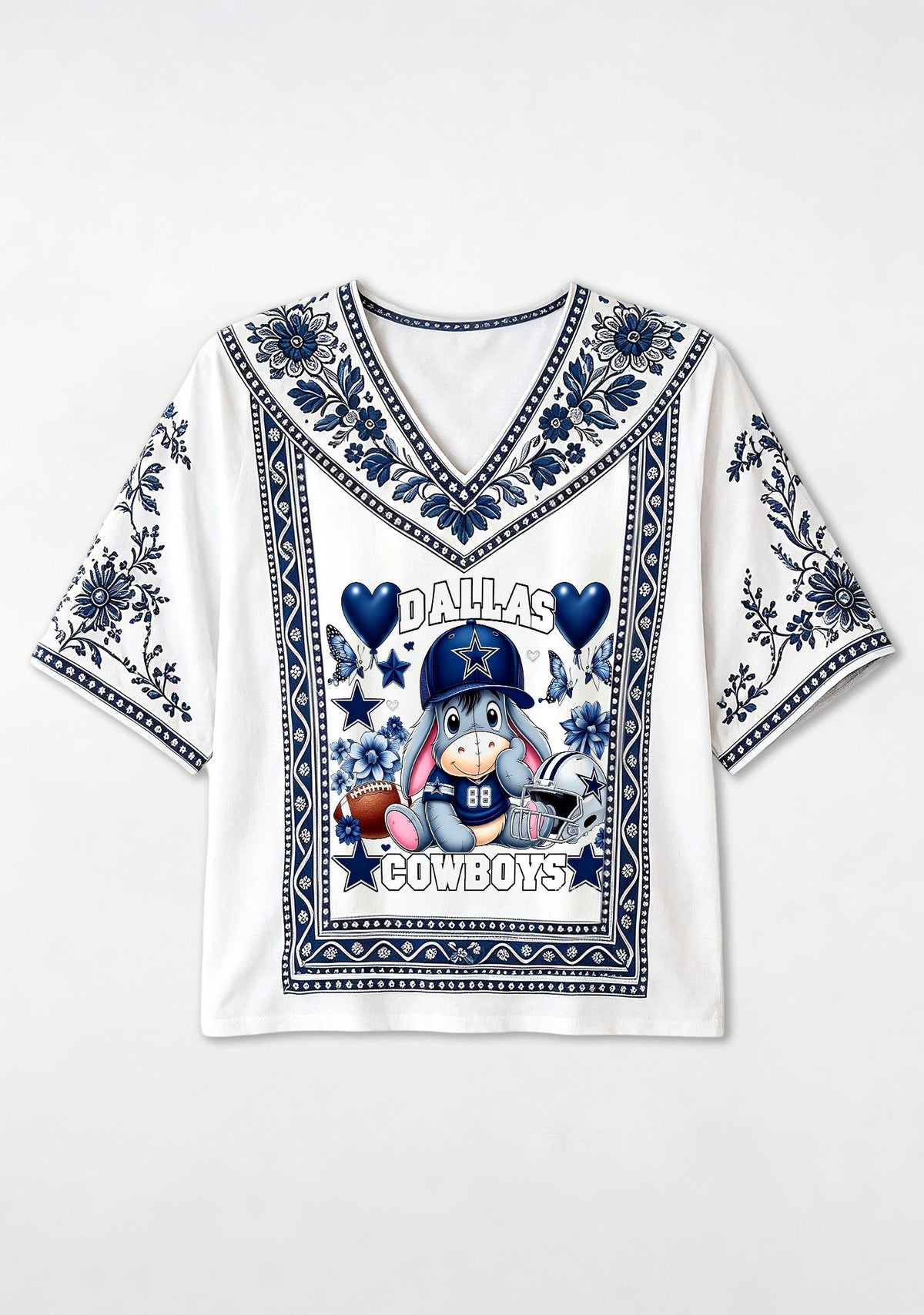 Boho Floral Dallas Cowboys Cute Donkey V-Neck Blouse
