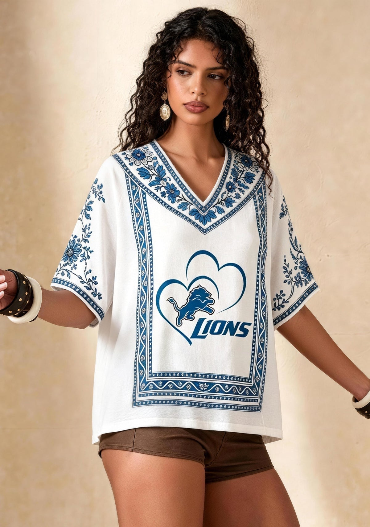 Boho Floral Detroit Lions Double Heart V-Neck Blouse Main image
