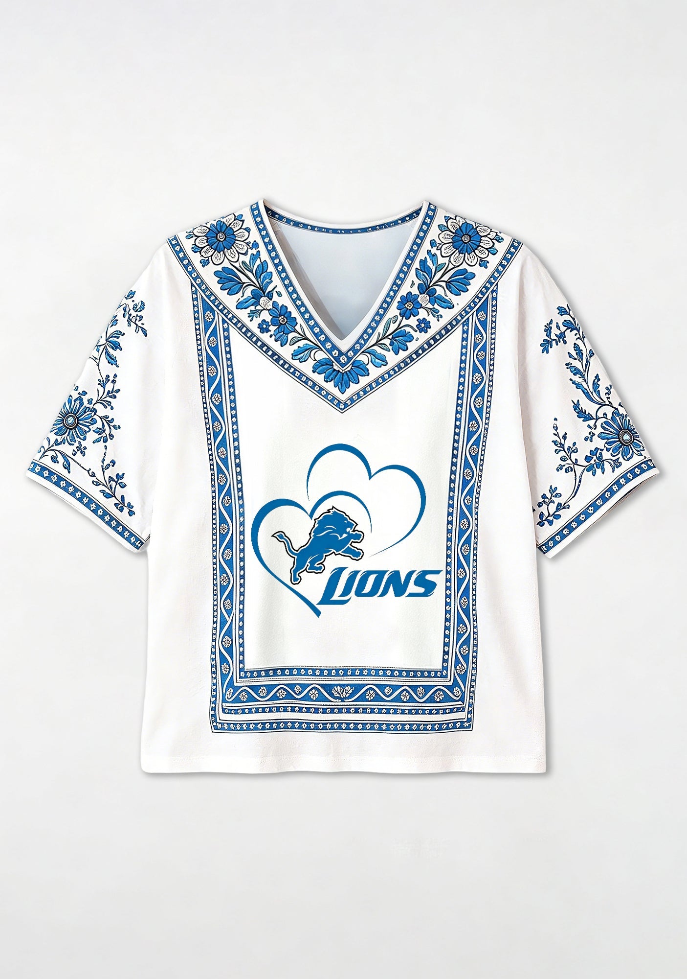 Boho Floral Detroit Lions Double Heart V-Neck Blouse Secondary image