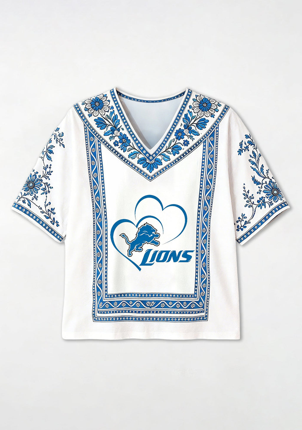 Boho Floral Detroit Lions Double Heart V-Neck Blouse