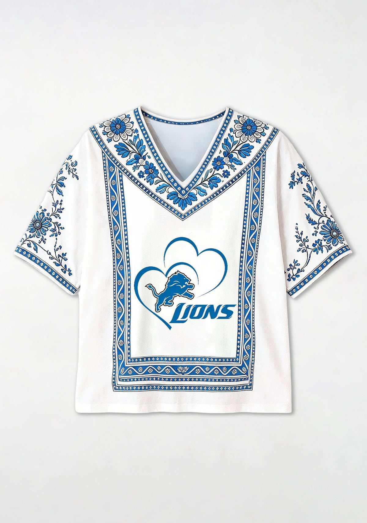 Boho Floral Detroit Lions Double Heart V-Neck Blouse