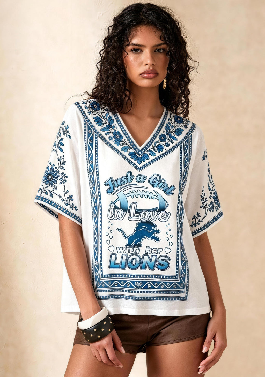 Boho Floral Detroit Lions Just a Girl Quote V-Neck Blouse