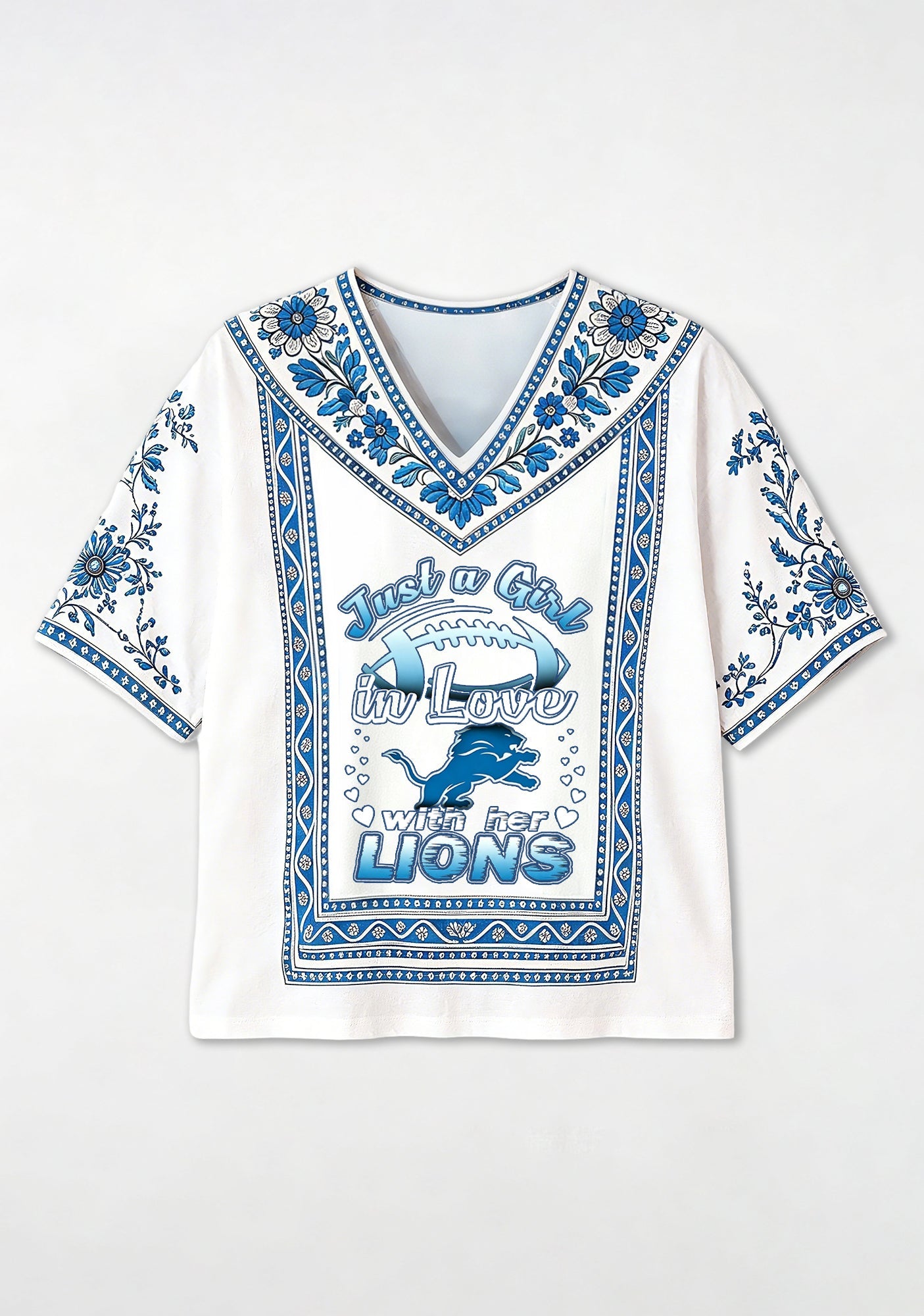 Boho Floral Detroit Lions Just a Girl Quote V-Neck Blouse Secondary image