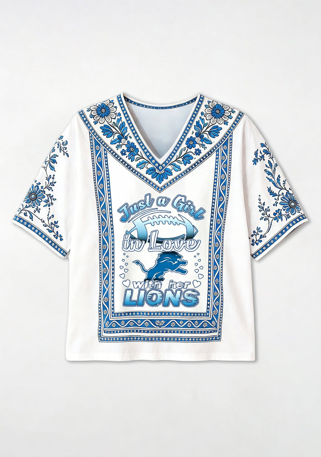 Boho Floral Detroit Lions Just a Girl Quote V-Neck Blouse
