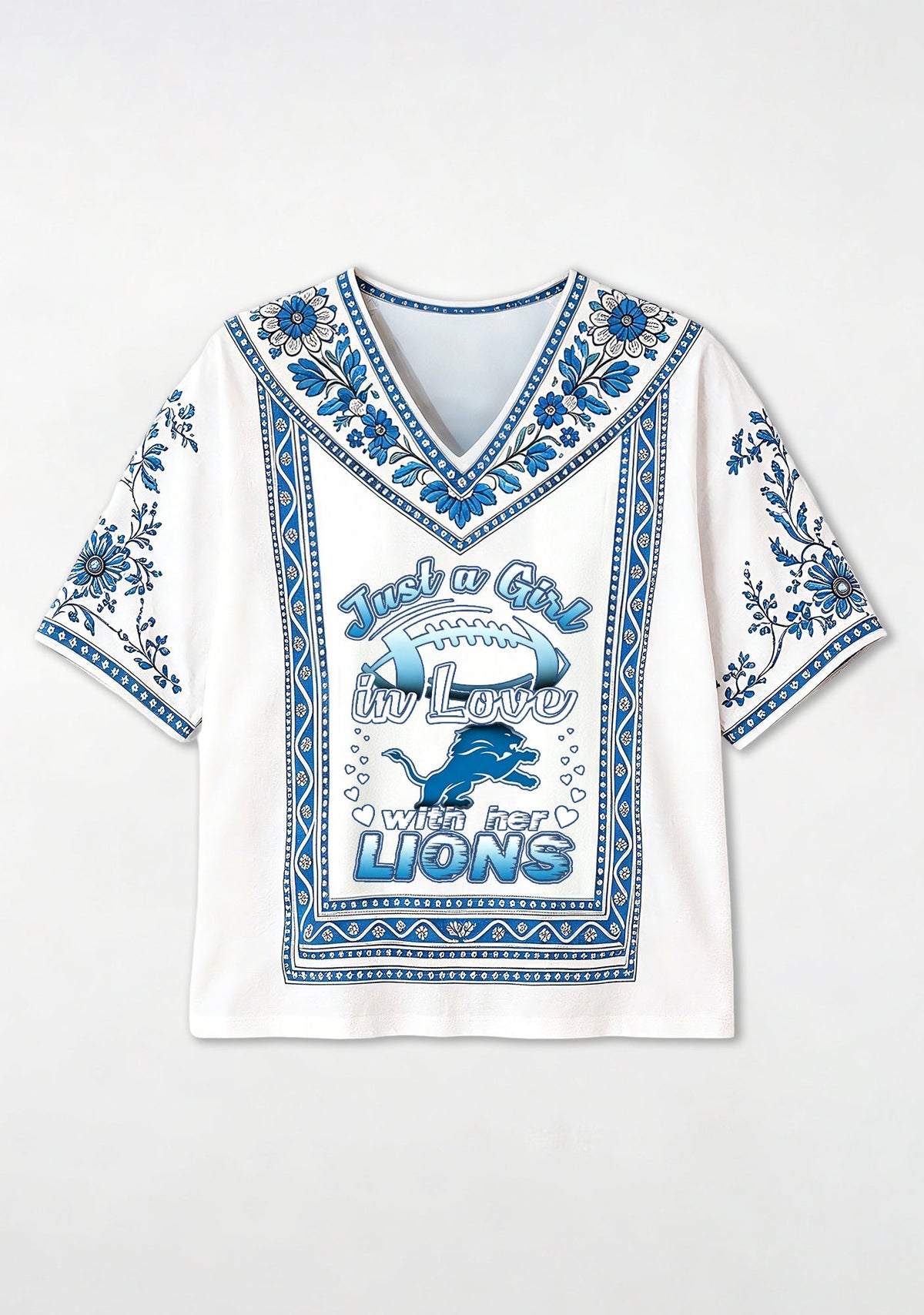 Boho Floral Detroit Lions Just a Girl Quote V-Neck Blouse