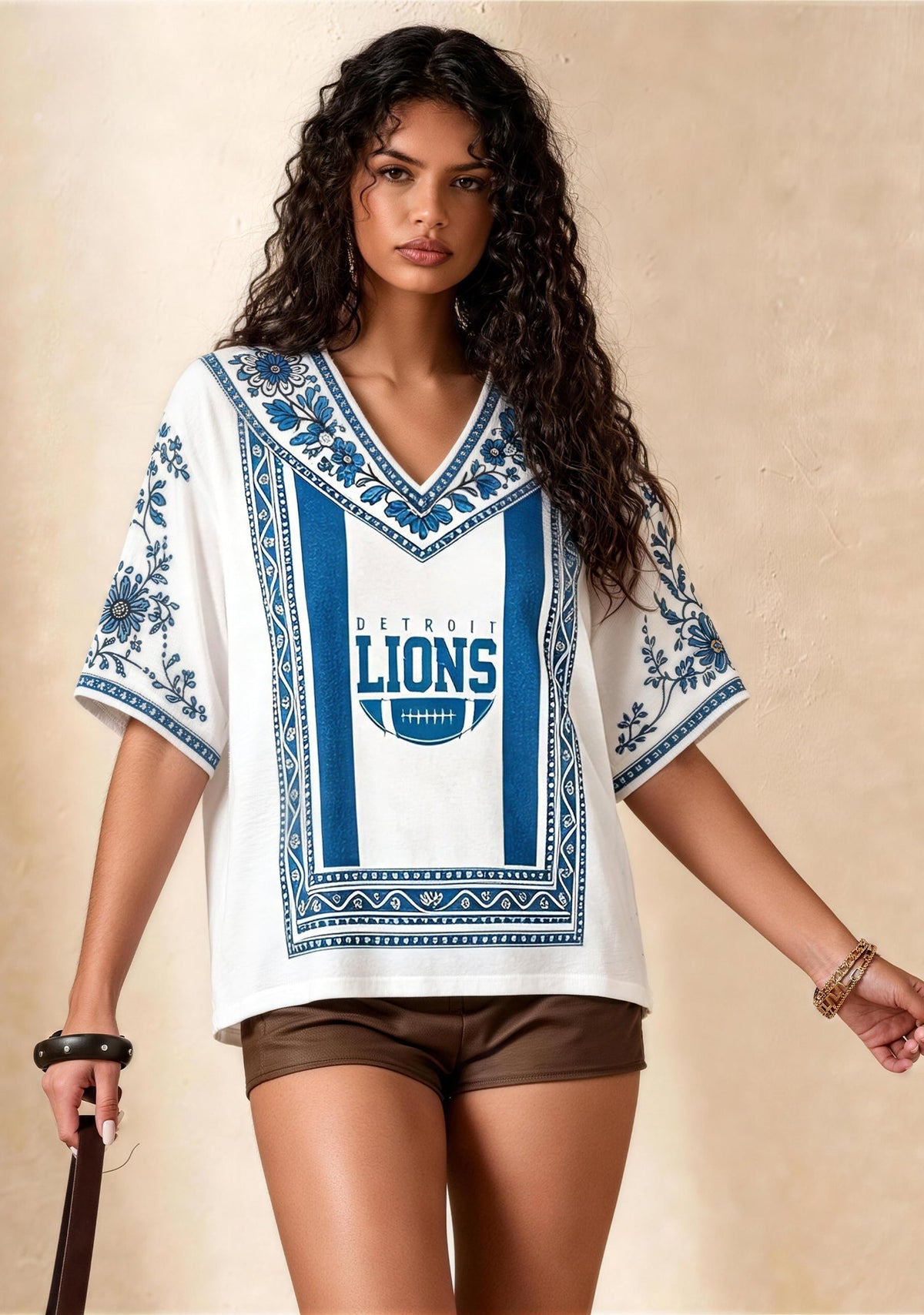 Boho Floral Detroit Lions Vertical Stripe V-Neck Blouse