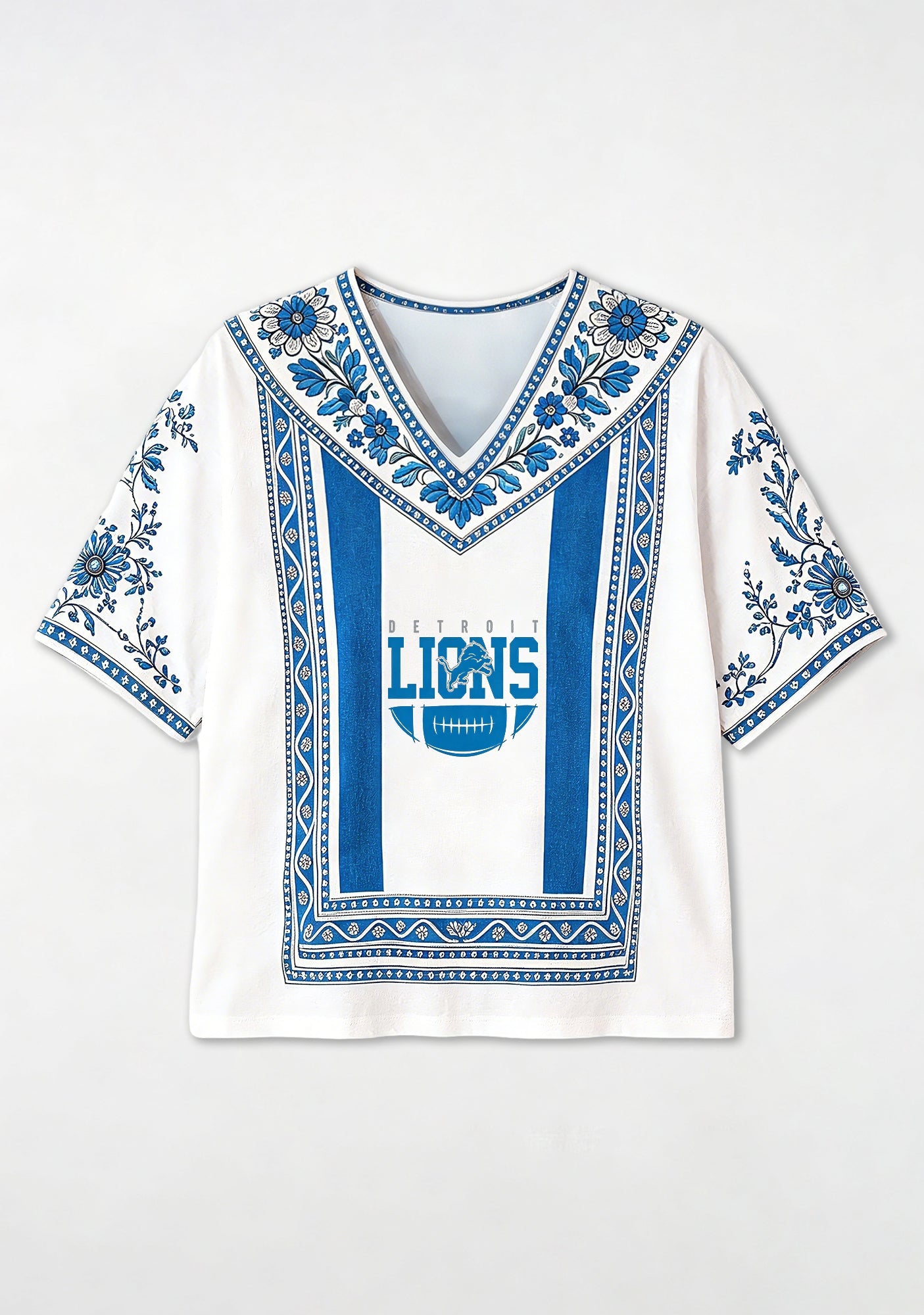 Boho Floral Detroit Lions Vertical Stripe V-Neck Blouse Secondary image