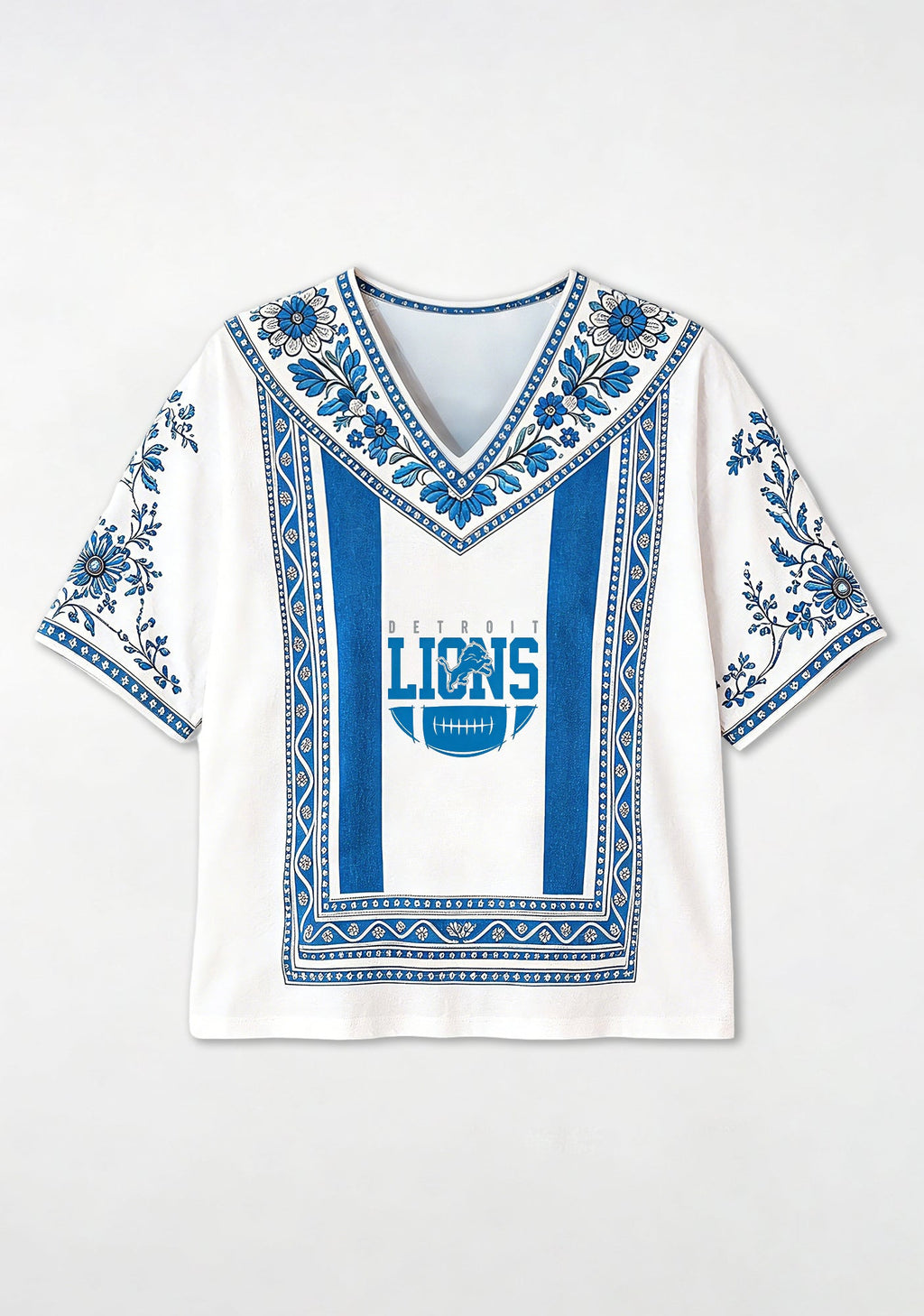 Boho Floral Detroit Lions Vertical Stripe V-Neck Blouse