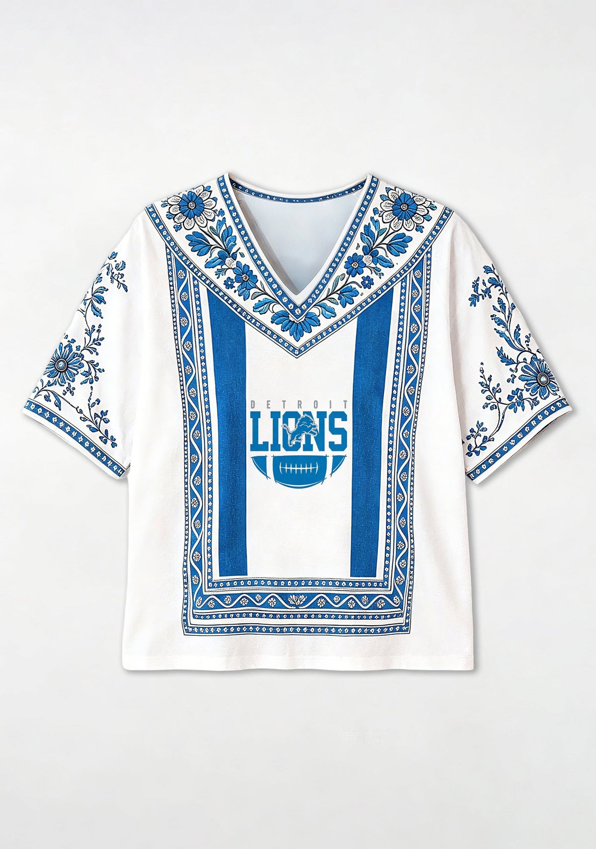 Boho Floral Detroit Lions Vertical Stripe V-Neck Blouse