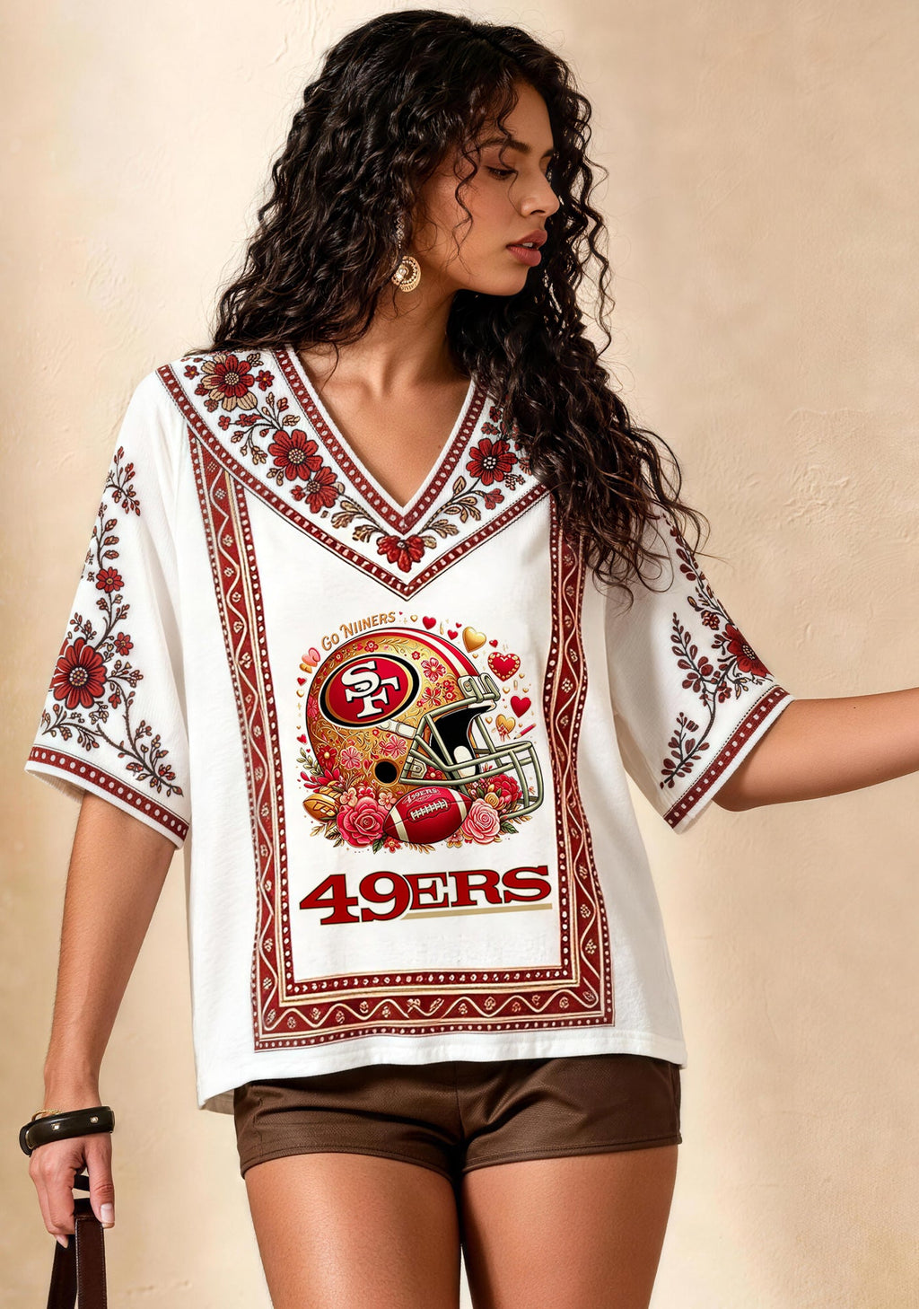 Boho Floral San Francisco 49ers Floral Helmet V-Neck Blouse