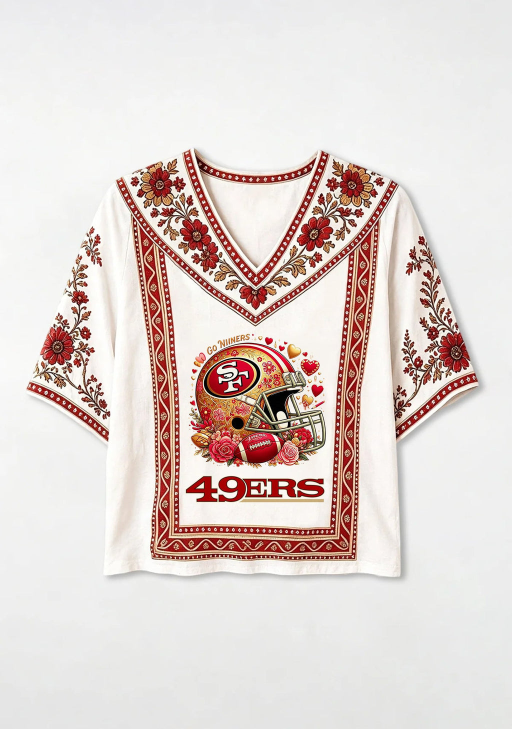 Boho Floral San Francisco 49ers Floral Helmet V-Neck Blouse
