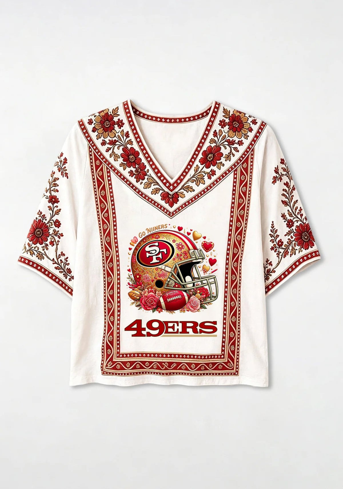Boho Floral San Francisco 49ers Floral Helmet V-Neck Blouse