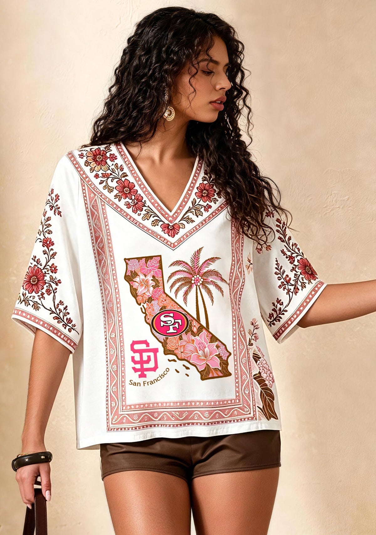 San Francisco 49ers California Map Tropical Floral V-Neck Blouse Main image