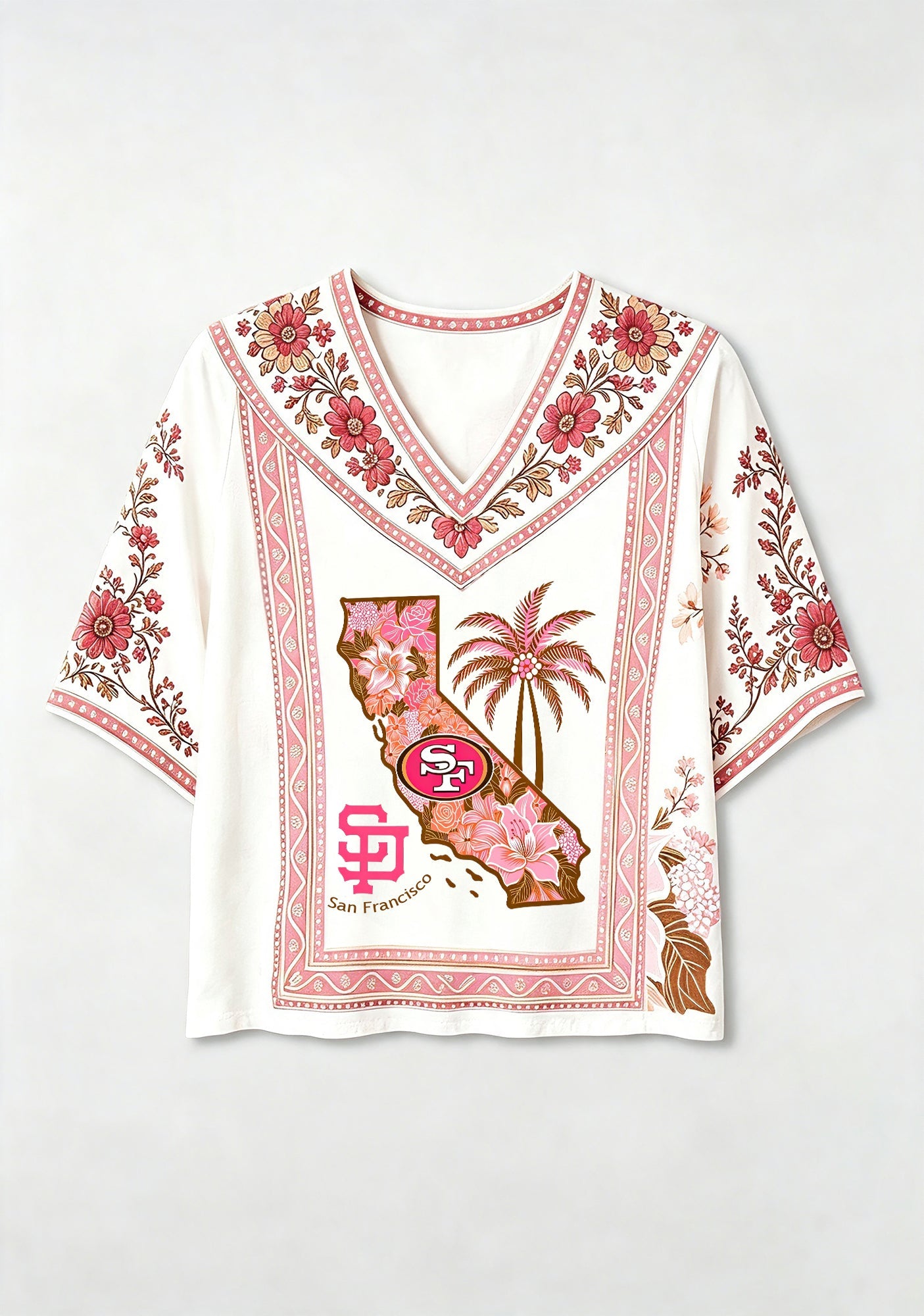 San Francisco 49ers California Map Tropical Floral V-Neck Blouse Secondary image