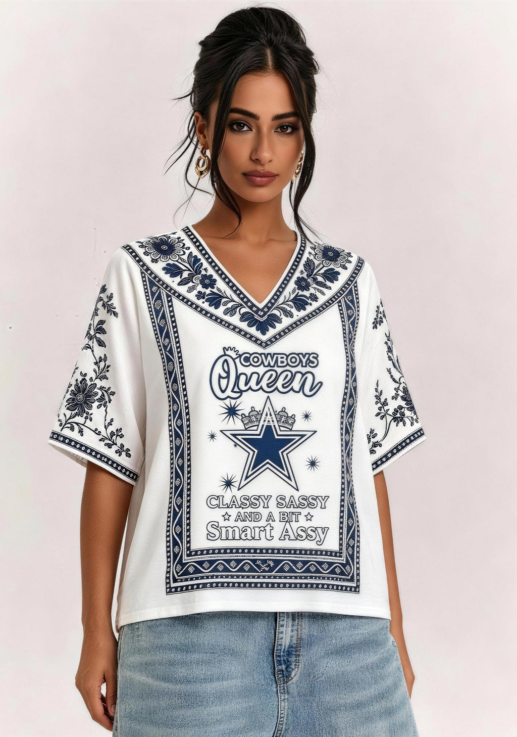 Dallas Cowboys Queen Quote Boho Floral V-Neck Blouse