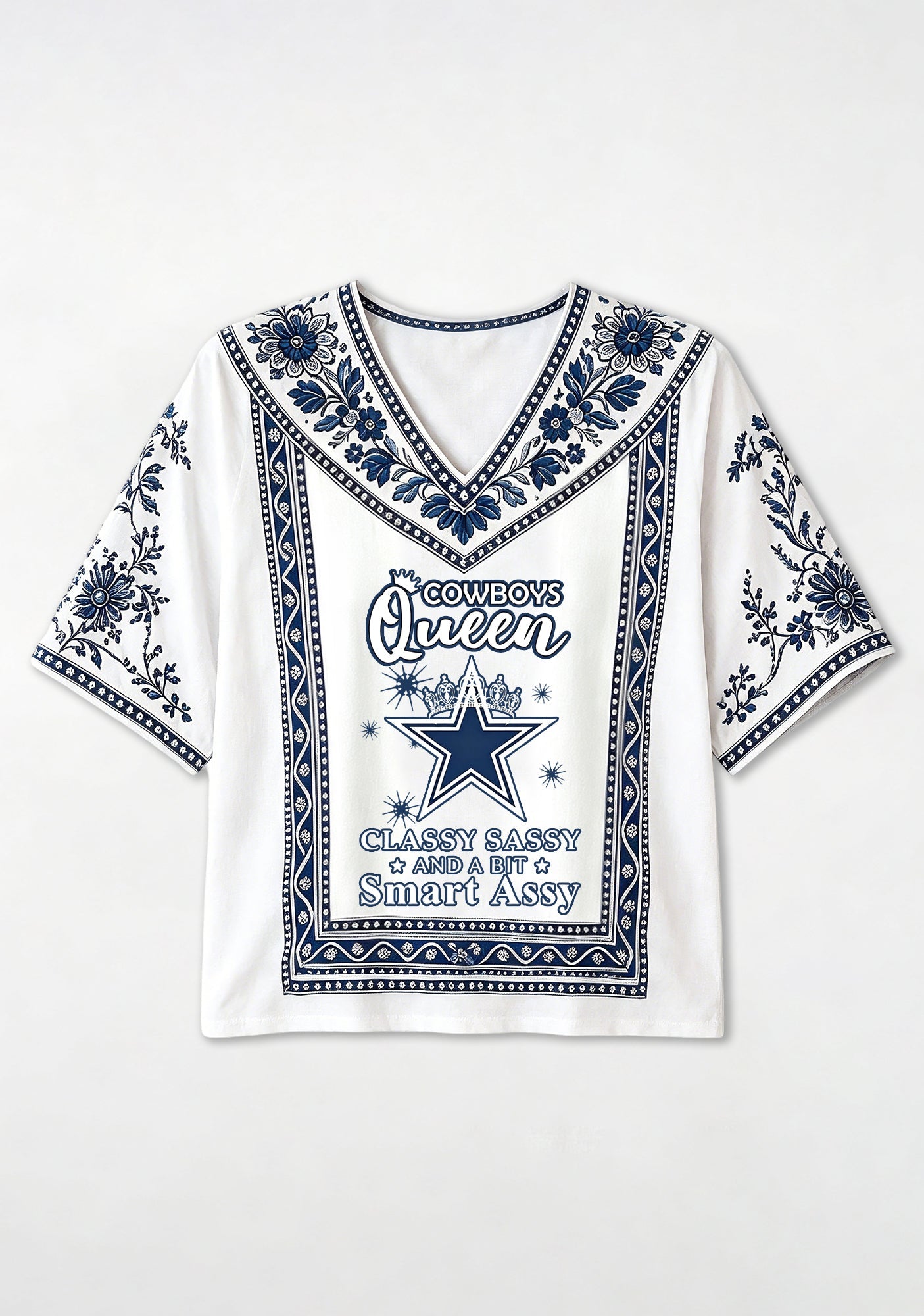 Dallas Cowboys Queen Quote Boho Floral V-Neck Blouse Secondary image