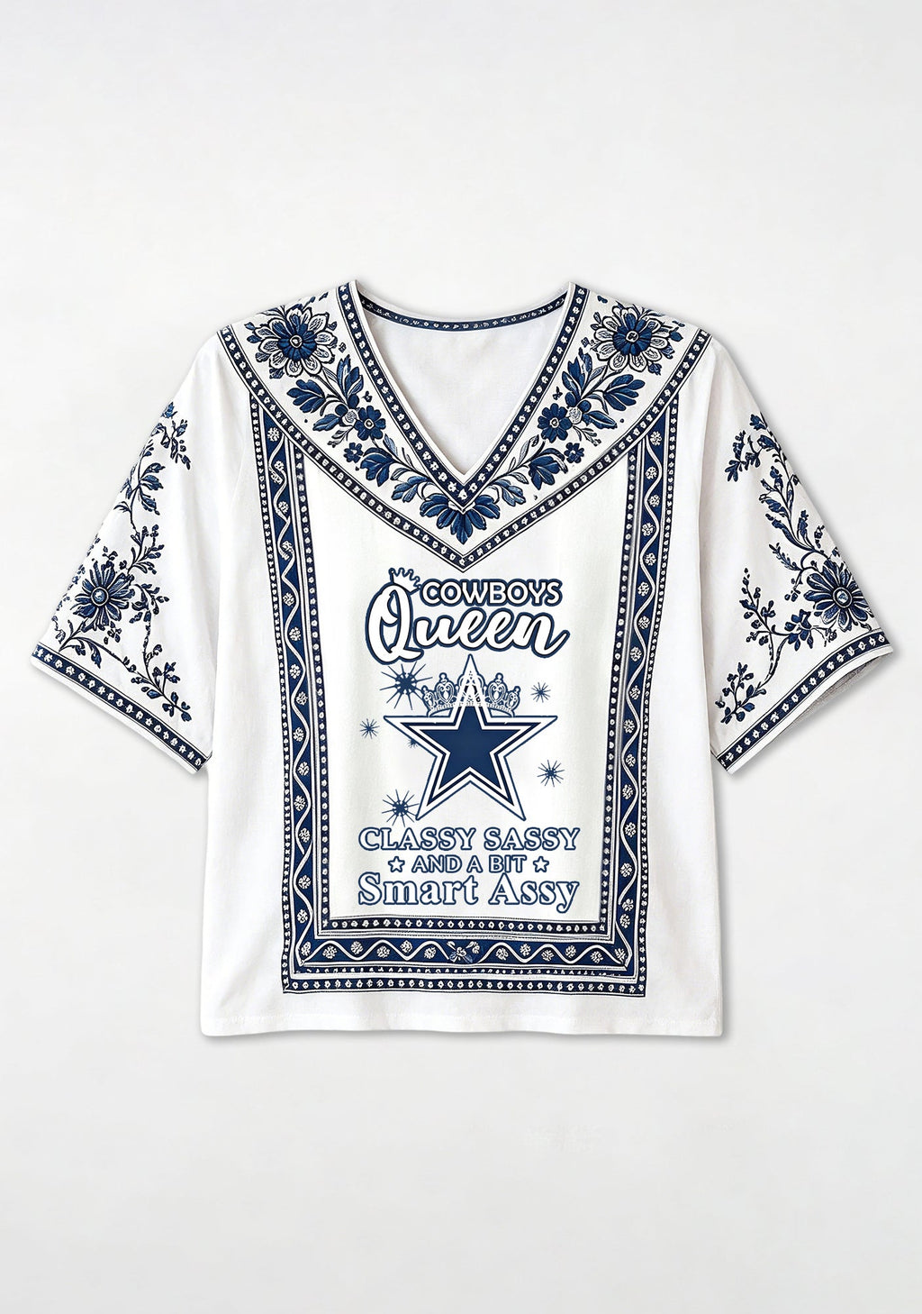 Dallas Cowboys Queen Quote Boho Floral V-Neck Blouse