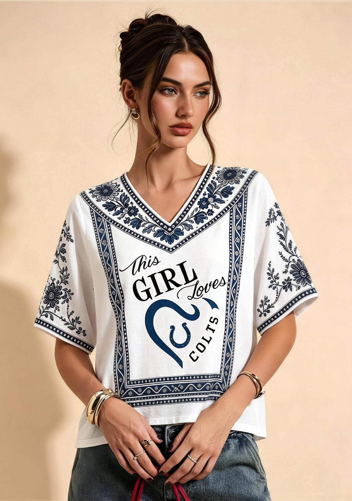 Indianapolis Colts This Girl Loves Colts Script Boho Floral V-Neck Blouse Main image