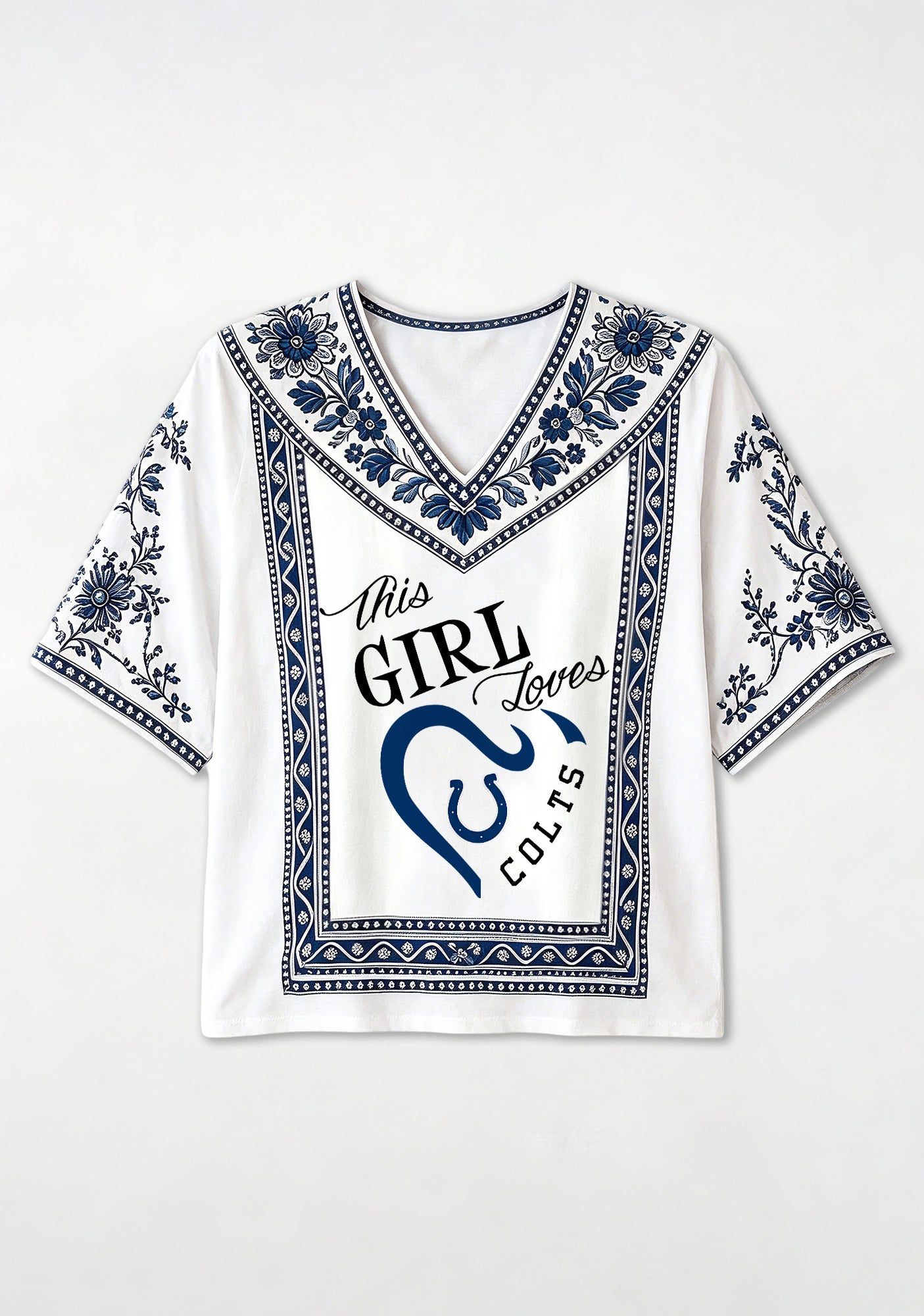 Indianapolis Colts This Girl Loves Colts Script Boho Floral V-Neck Blouse Secondary image
