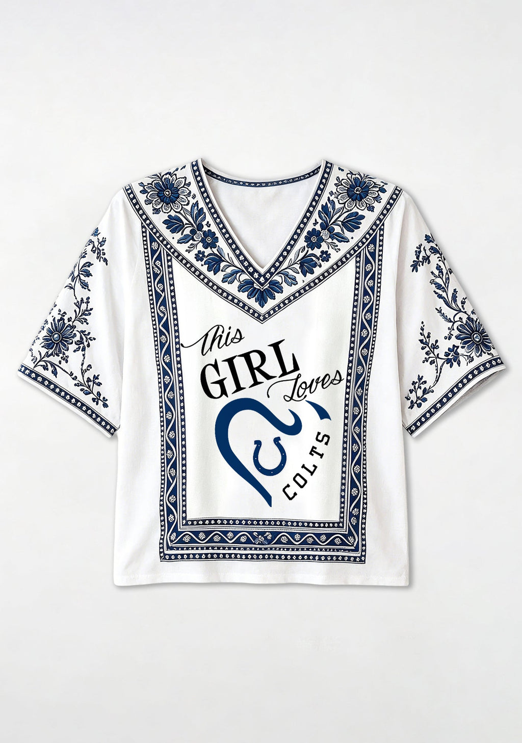Indianapolis Colts This Girl Loves Colts Script Boho Floral V-Neck Blouse