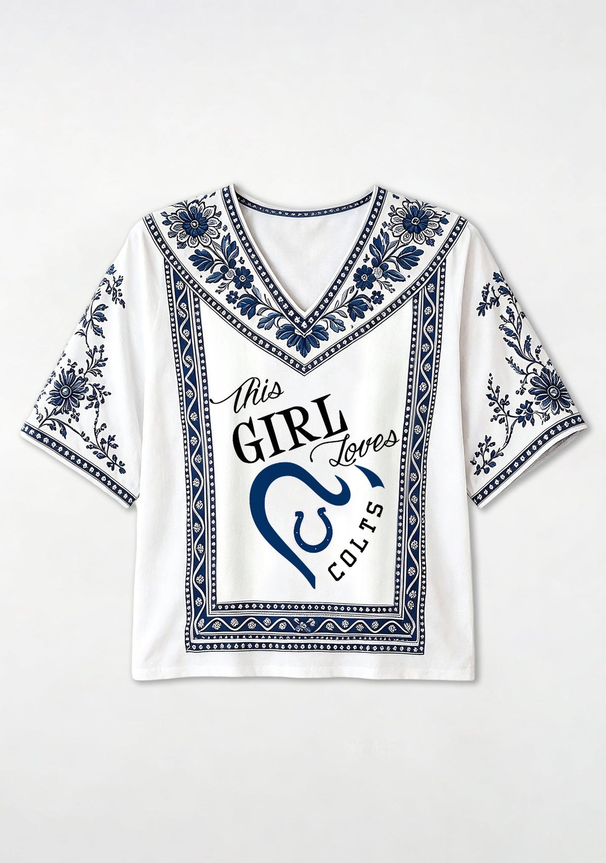 Indianapolis Colts This Girl Loves Colts Script Boho Floral V-Neck Blouse