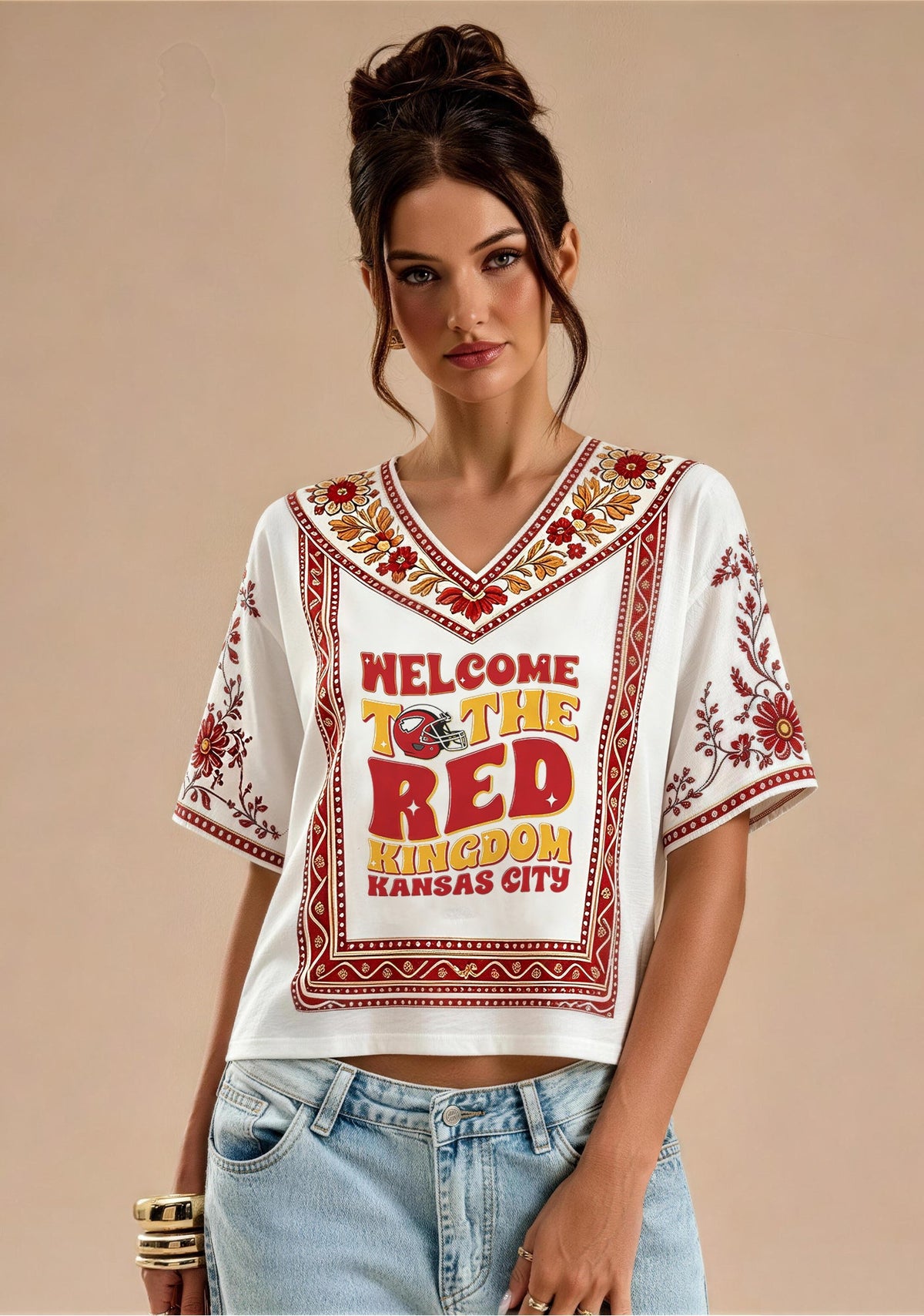 Kansas City Chiefs Welcome To The Red Kingdom Boho Floral V-Neck Blouse Main image