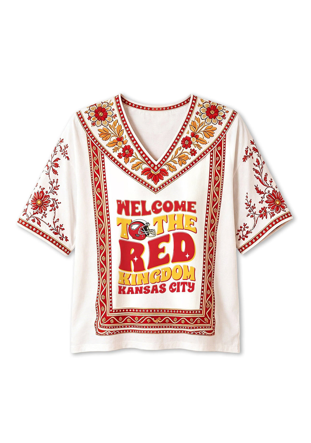 Kansas City Chiefs Welcome To The Red Kingdom Boho Floral V-Neck Blouse