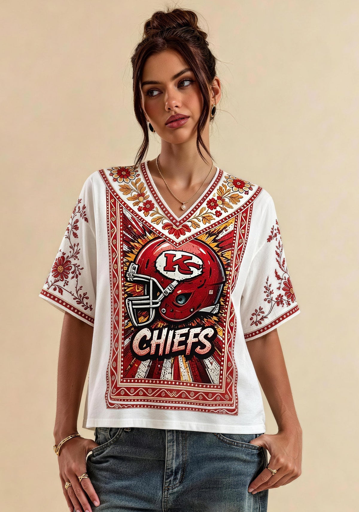 Kansas City Chiefs Comic Explosion Helmet Boho Floral V-Neck Blouse Main image