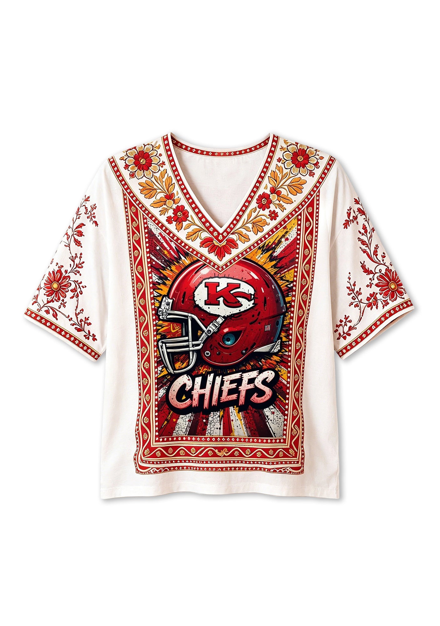 Kansas City Chiefs Comic Explosion Helmet Boho Floral V-Neck Blouse Secondary image