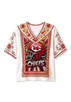 Kansas City Chiefs Comic Explosion Helmet Boho Floral V-Neck Blouse